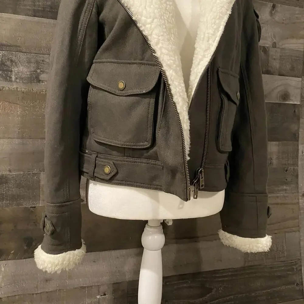 American Eagle Women’s Olive Moto Jacket W/Faux Fleece Trim Size Medium Vintage